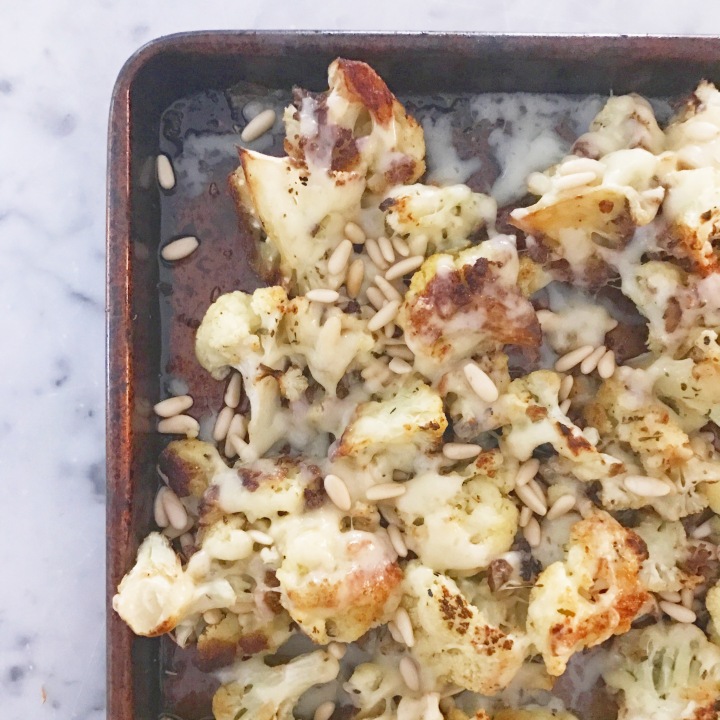 Roasted cauliflower with gruyere cheese and pine nuts